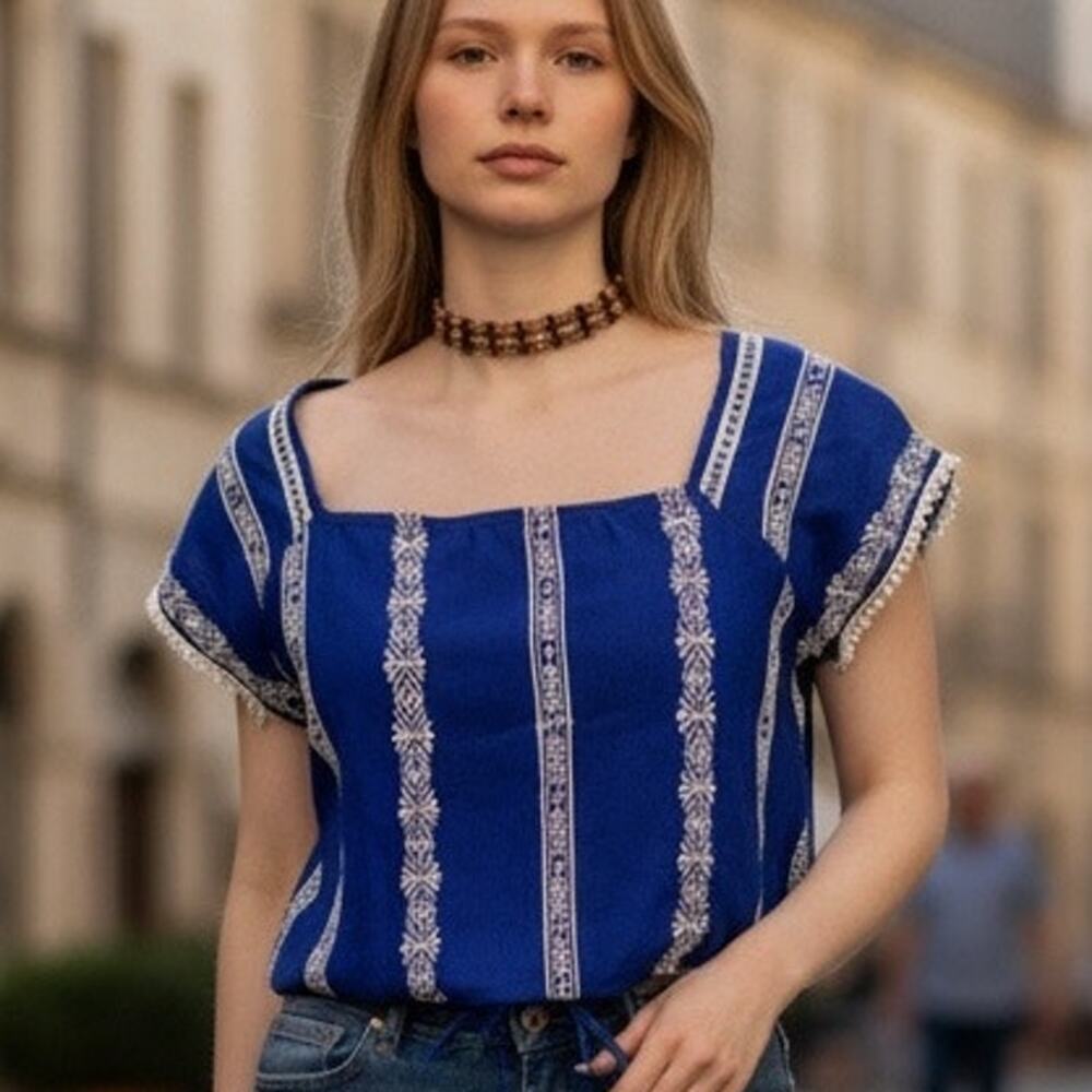 Altar'd State Blue and White Crop Tie Front Blouse